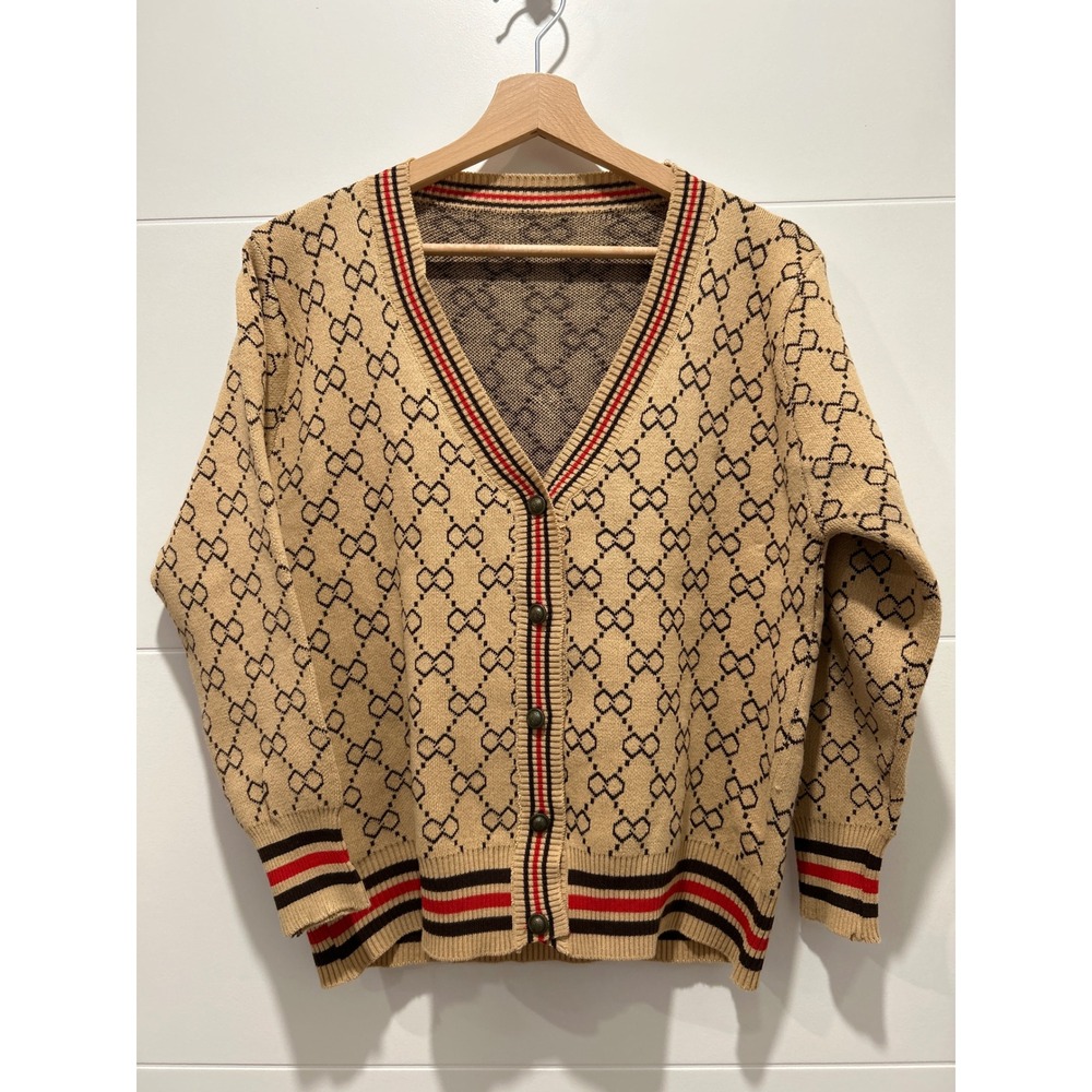 Tan Geometric Knit Cardigan V-Neck Button Front Striped Trim Sweater Womens